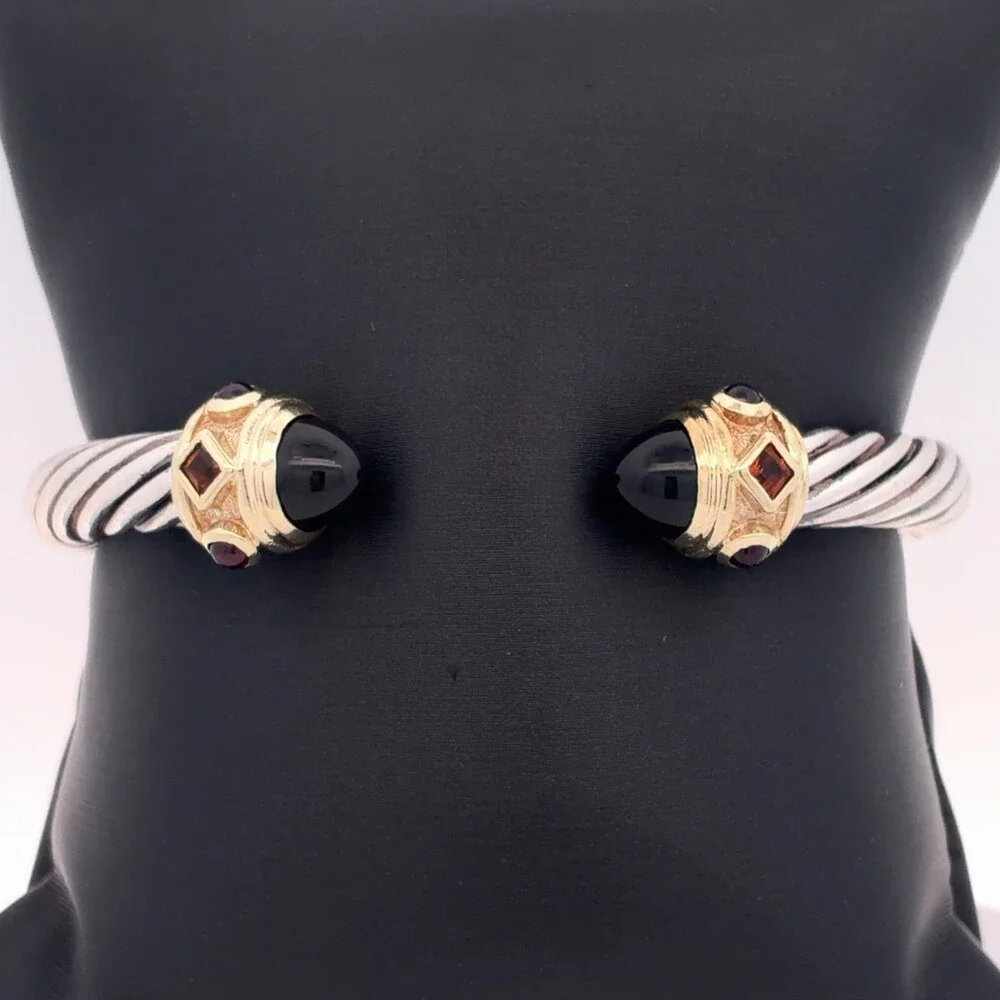 David Yurman Sterling Silver 14K Gold Onyx Renaissance Cablespira Cuff Bracelet